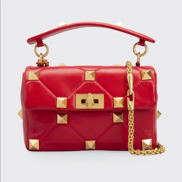 Valentino Garavani Handbags - VALENTINO GARAVANI Roman Stud Medium Quilted Chain Shoulder Bag Red